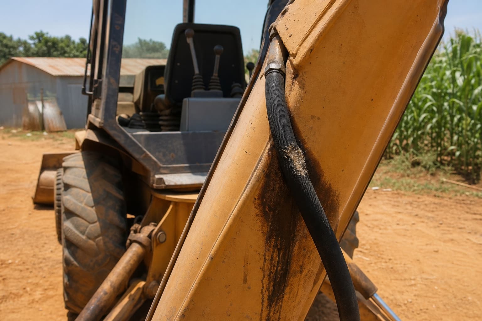 A hydraulic hose on a backhoe loader arm worn through its outer cover against the boom casting, with an oil stain spreading on the paintwork below