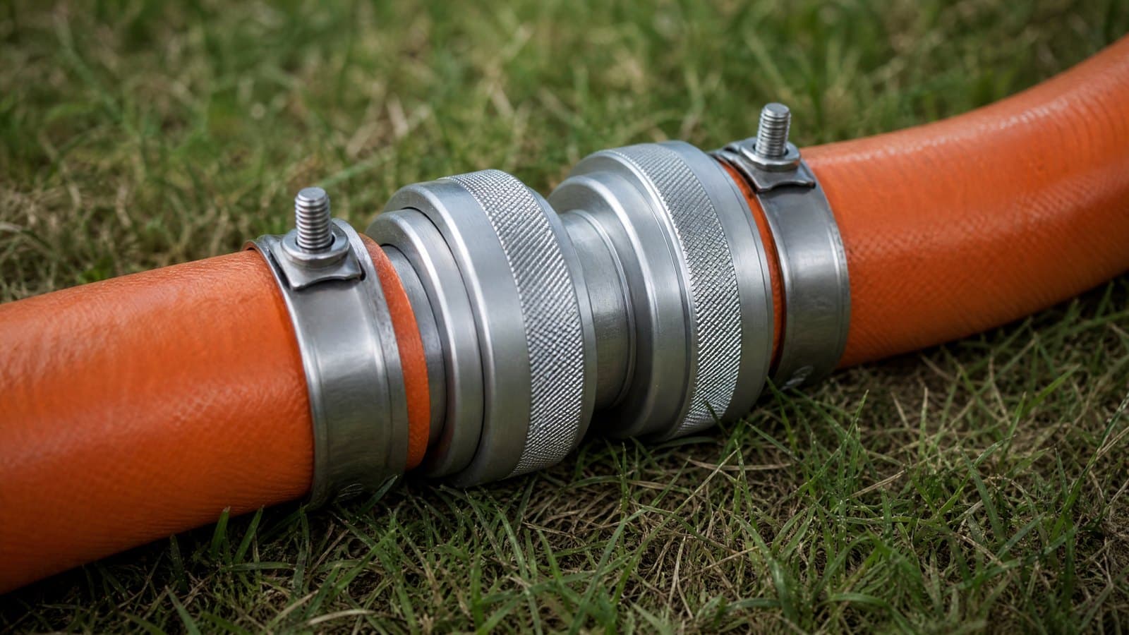 Two orange lay flat slurry hoses joined by a knurled aluminium coupling with bolted clamps, lying on grass