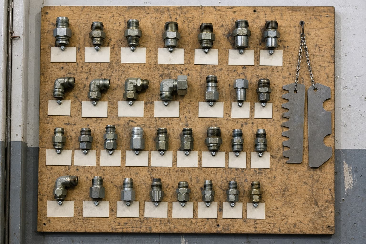 A plywood workshop board with rows of male and female hydraulic fittings mounted on short bolts, a pitch gauge and a seat gauge hanging on a chain beside them