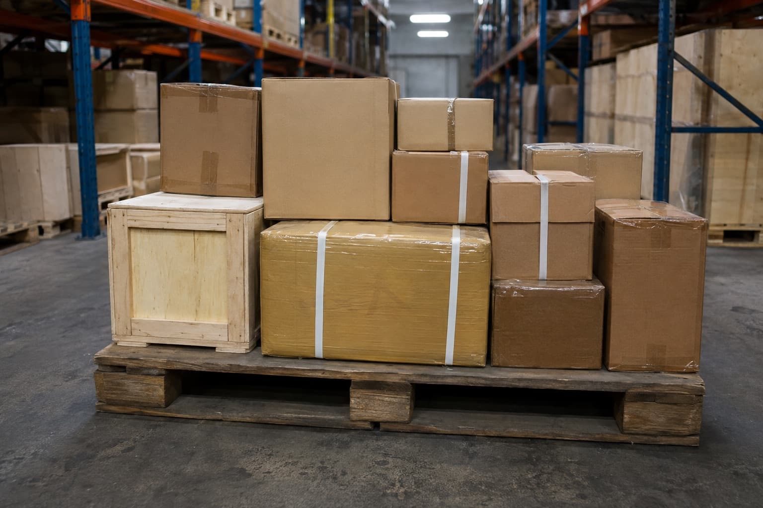 A single warehouse pallet carrying cartons and crates of visibly different origins — plain board, a timber crate, a wrapped bale, different strapping styles