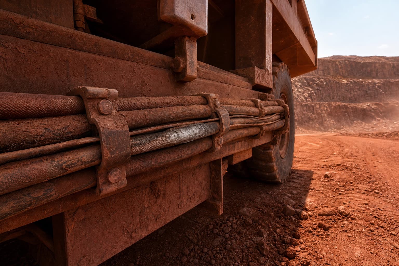 Hydraulic lines clamped along the chassis rail of a haul truck on a red-earth mine road, one line worn silver where it has been rubbing against a frame member
