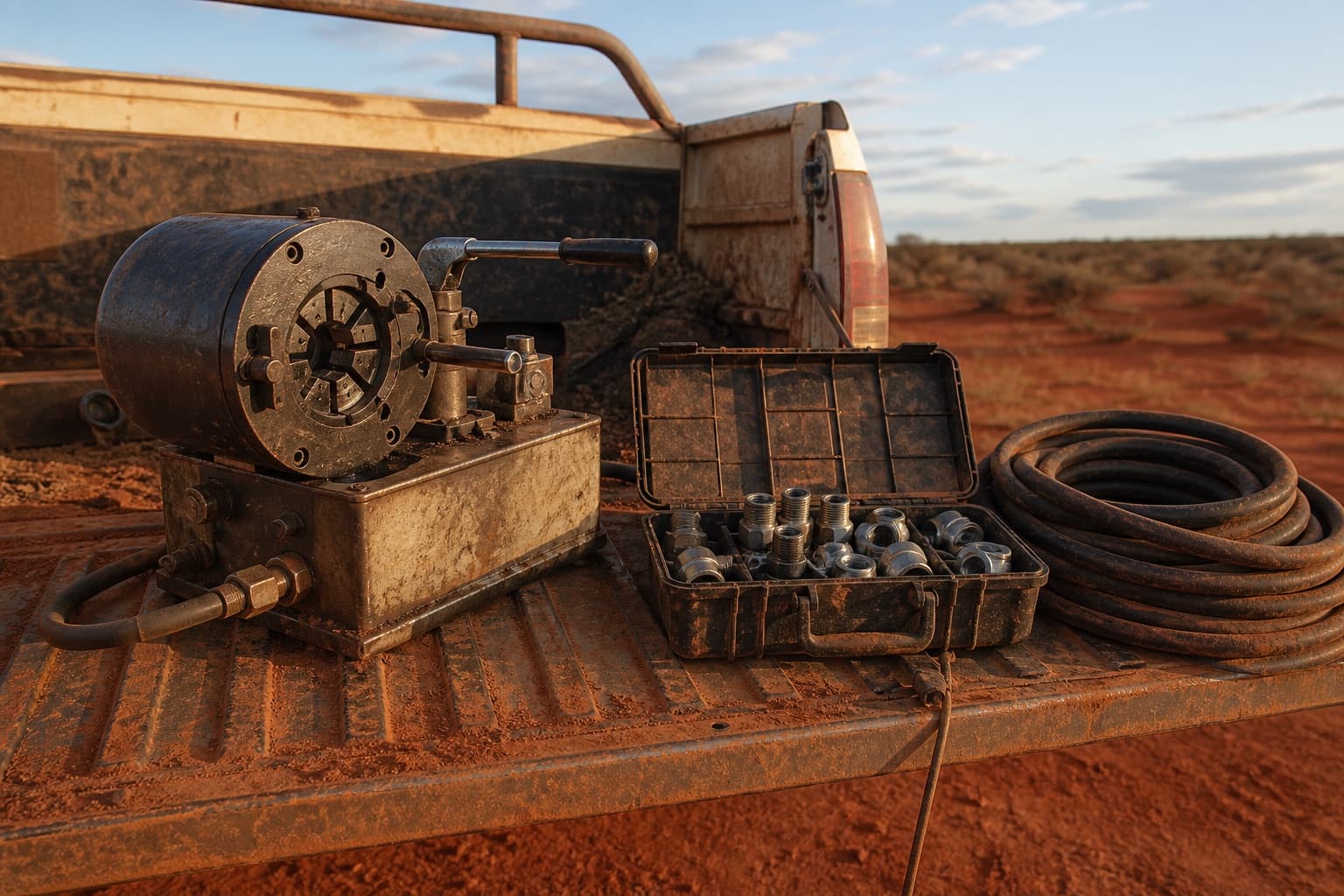 A portable hose crimping machine, an open case of steel adapters and a coil of bulk hose on the dusty tailgate of a service truck at a remote site