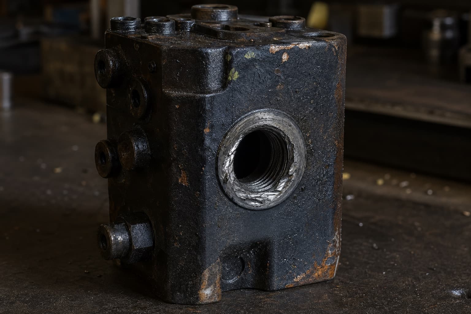 A cast hydraulic valve block on a bench with the first threads of one port torn and deformed, bright fresh metal showing against the dark oiled casting