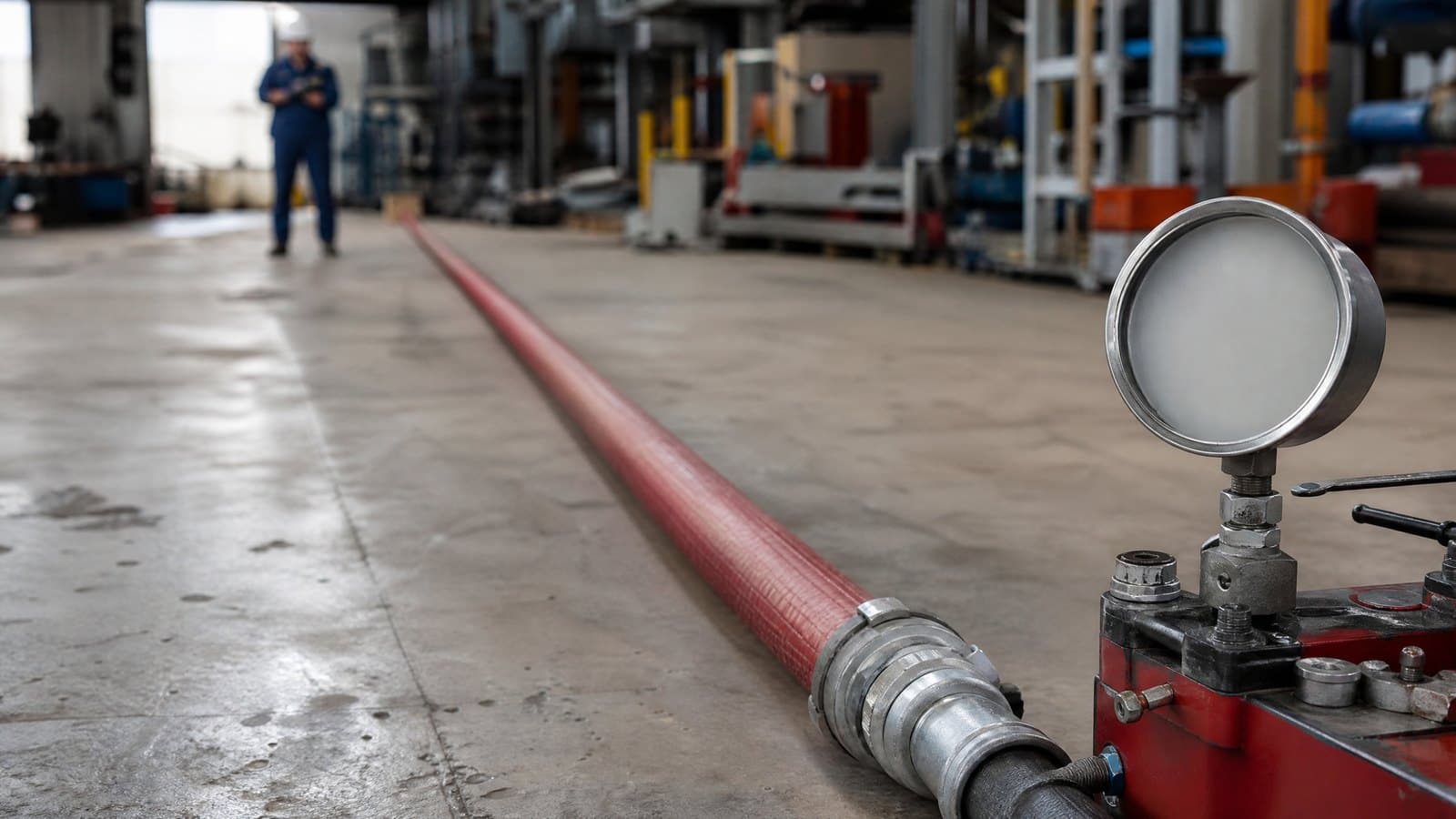Red fire hose laid straight on a workshop floor under a hydrostatic test, connected to a test pump with a gauge