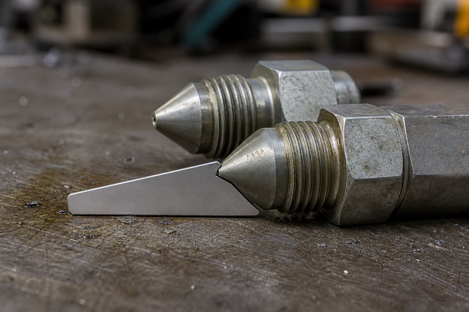 Two male hydraulic fittings lying on a workshop bench with visibly different cone angles, a wedge-shaped seat gauge seated against the nearer cone