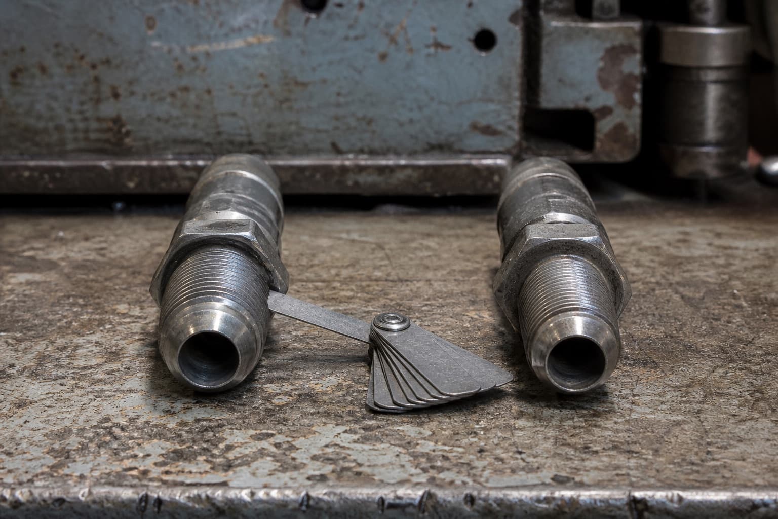 Two hydraulic fittings with shallow flare seats lying on a workbench either side of a fanned thread pitch gauge, one blade laid against the nearer thread