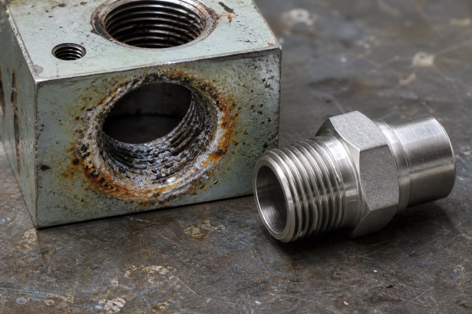 An almost unmarked stainless fitting lying beside the plated steel port block it was removed from, corrosion concentrated in the port threads where the two metals met