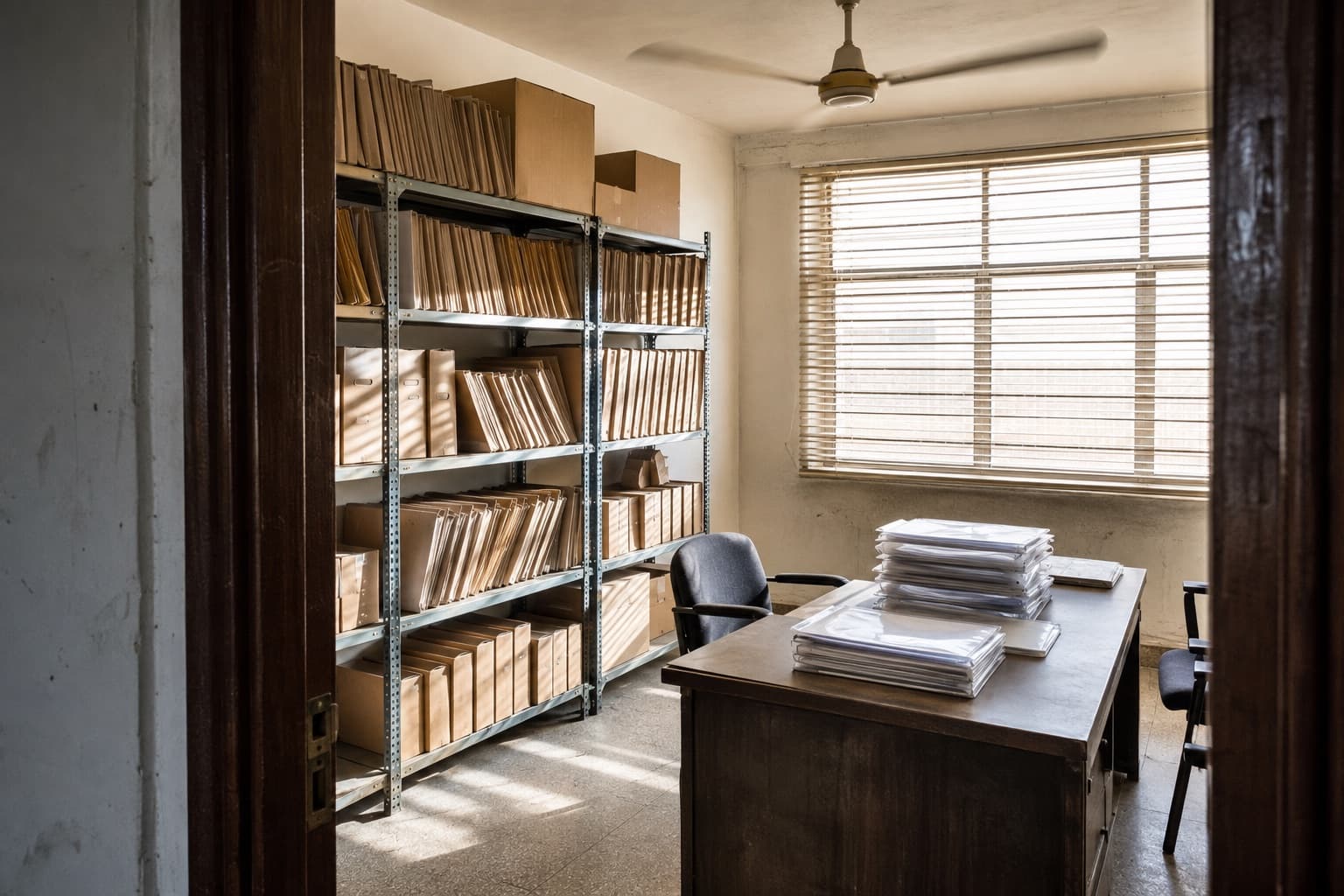 A freight forwarder office with shelving full of bulging folders and box files, stacked clear document wallets on a desk, blinds striping the light