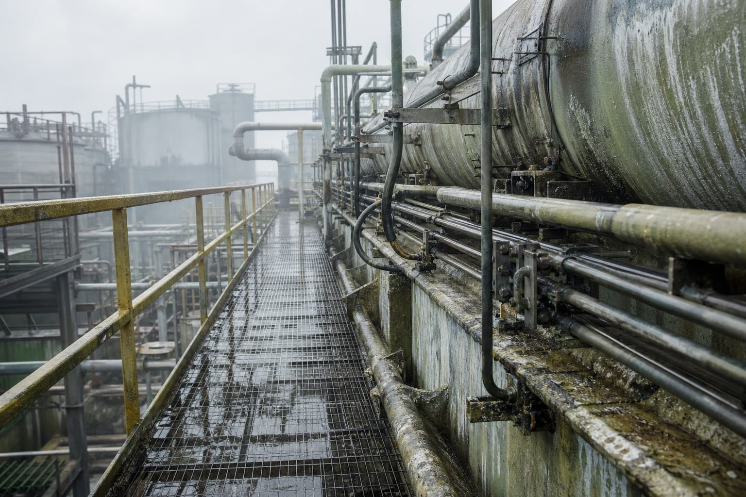 Hydraulic lines on brackets beside wet mineral-scaled process pipework along a steel grating walkway in a processing plant under flat overcast light