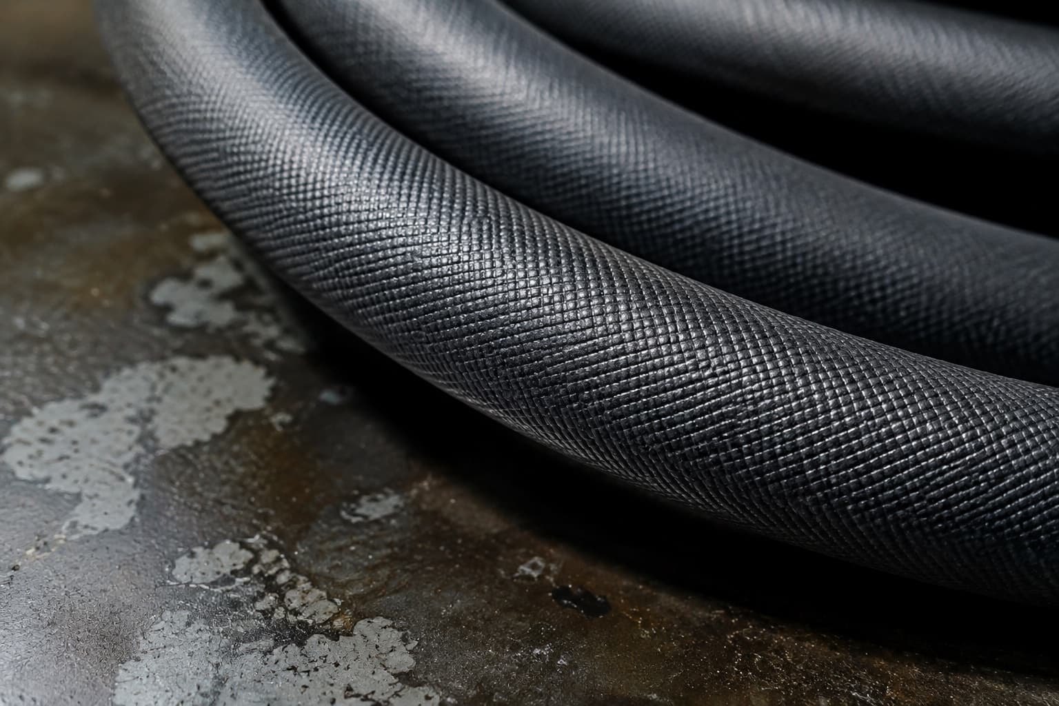 Macro of the woven cover of a coiled hydraulic hose in raking daylight, the rubber completely unmarked