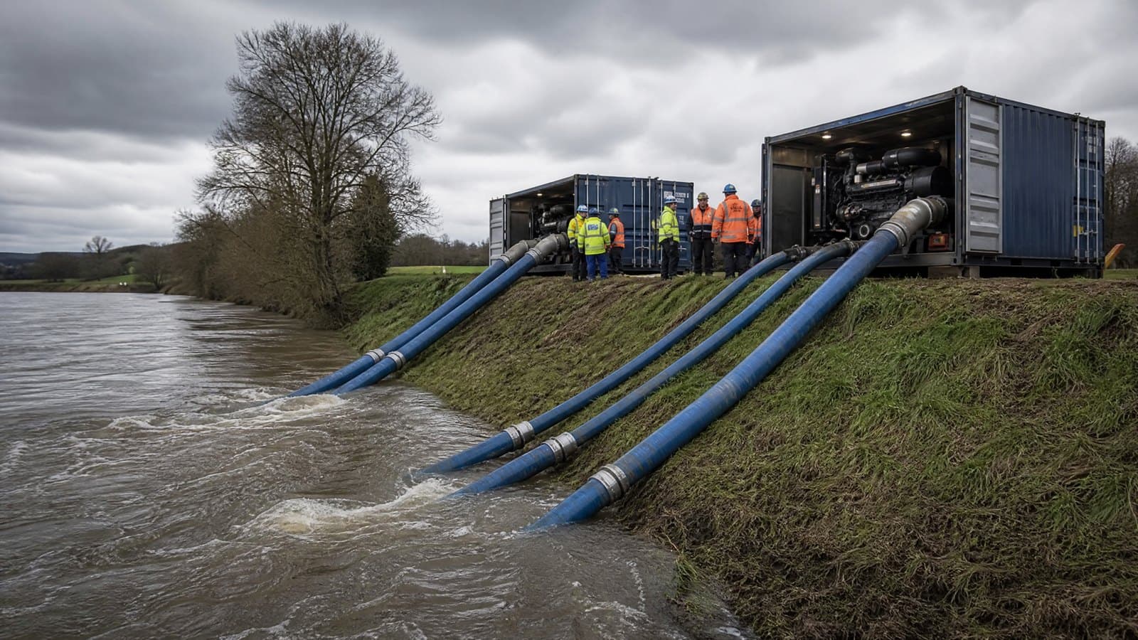 Two containerised flood pumps on a riverbank discharging through four blue lay flat hoses into a river