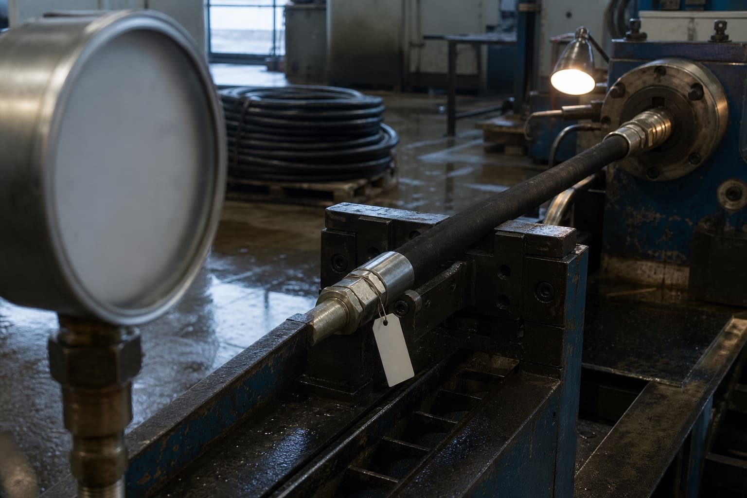 A hydraulic hose assembly clamped in a test rig with a large analogue pressure gauge in the foreground and a blank identification tag wired to the ferrule