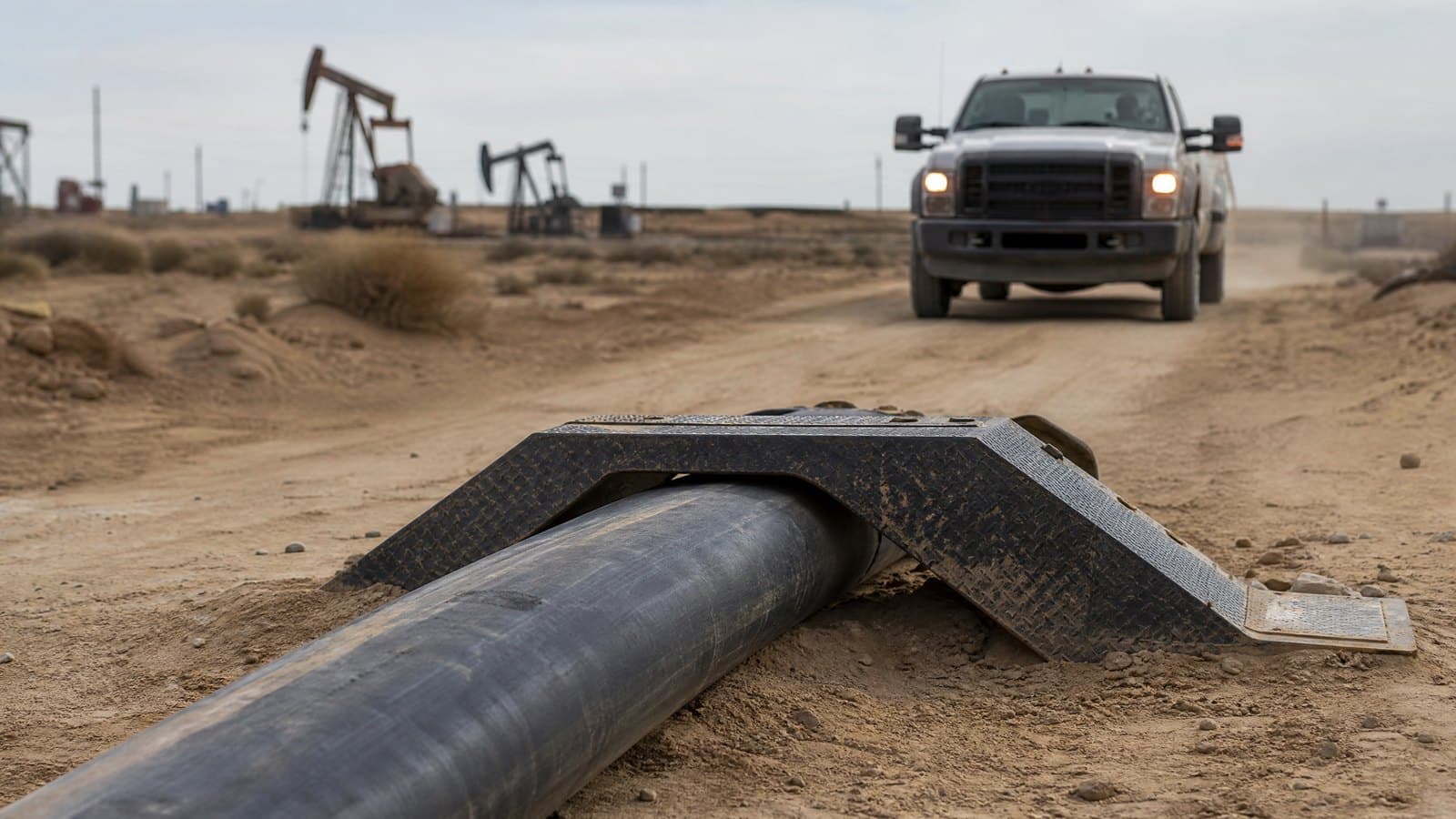 Steel hose ramp over a large black lay flat hose where it crosses a desert service road, pickup approaching