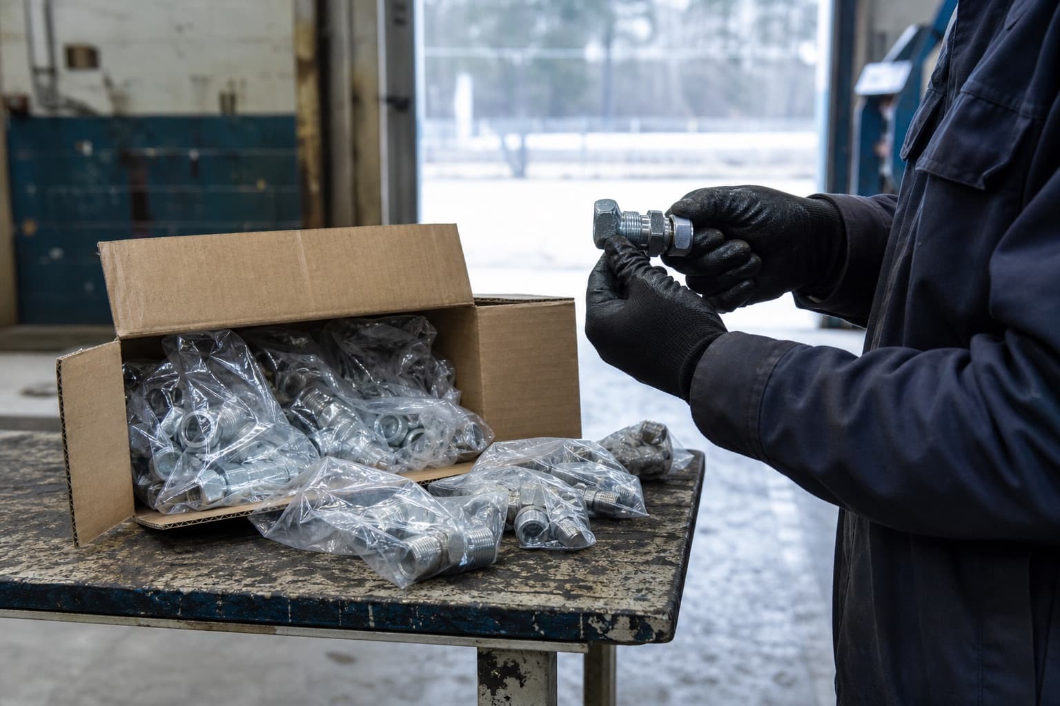 Gloved hands running a nut down the thread of a newly delivered hydraulic fitting beside an opened carton of bagged fittings on a loading bay table