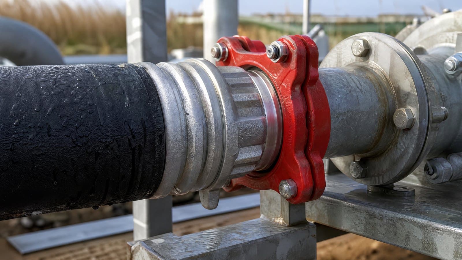 Black lay flat hose with a grooved-end coupling joined by a red grooved clamp to a steel pipe spool