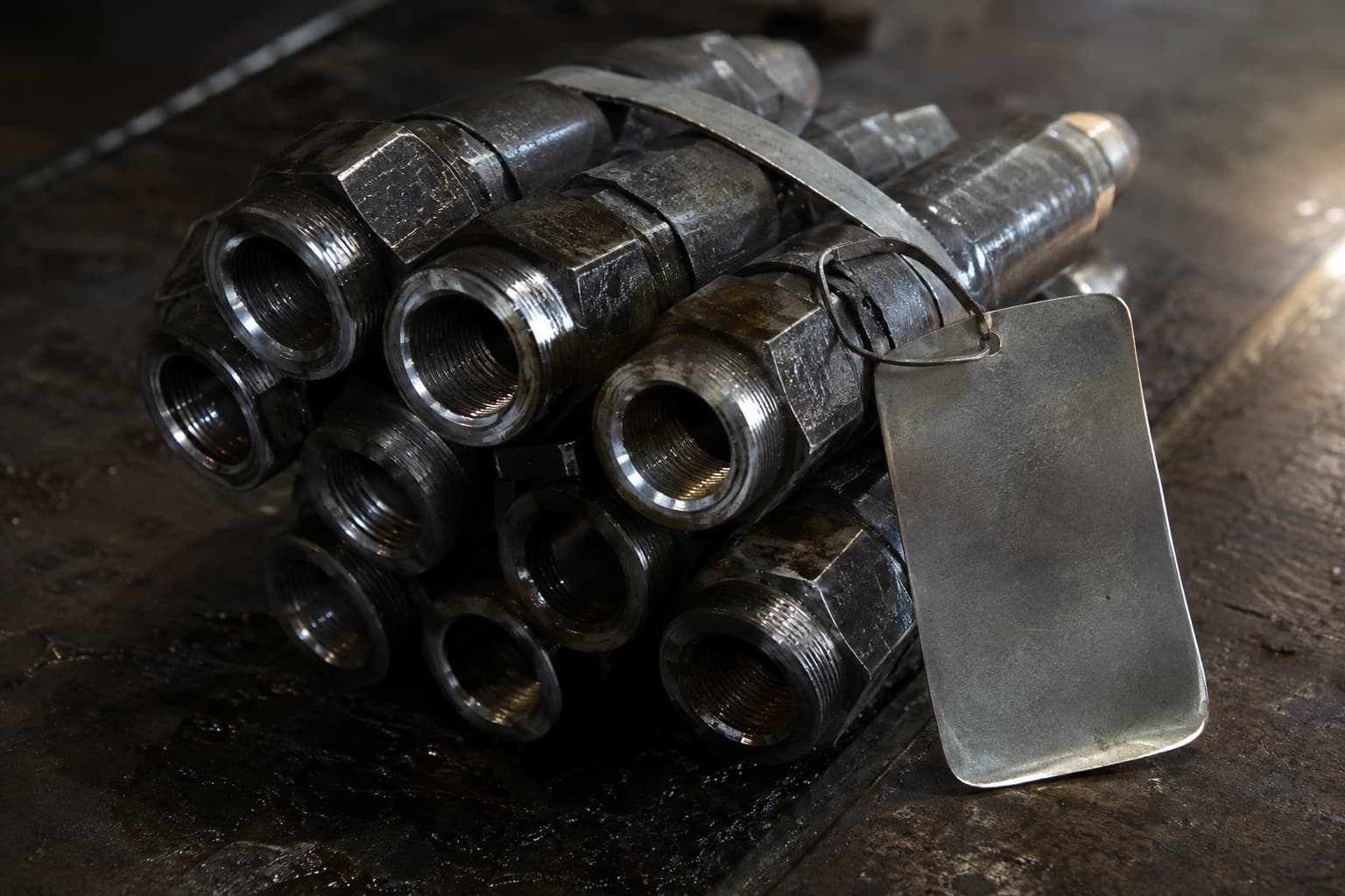 A bundle of steel hydraulic fittings banded together on a bench with a plain unmarked metal tag wired to the bundle