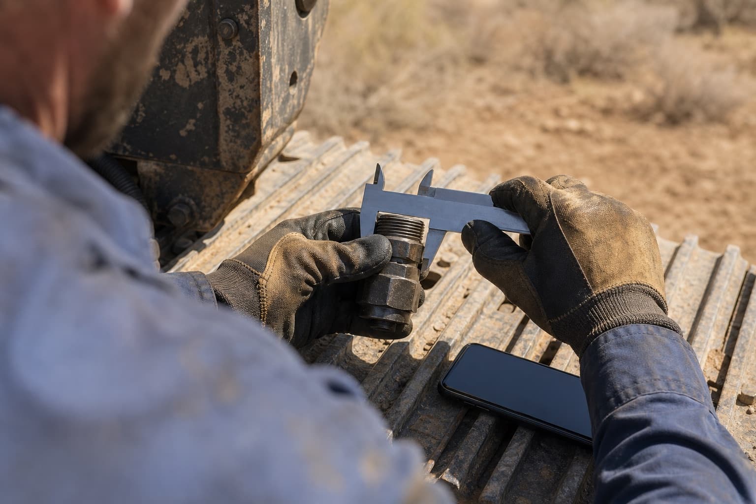 Gloved hands holding a vernier caliper closed across the thread crests of a hydraulic fitting on a machine track in the field, a phone lying beside them