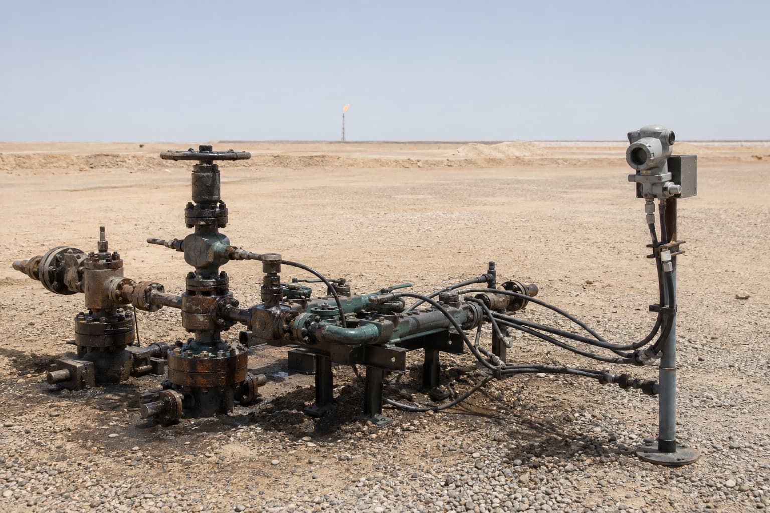 An upstream wellhead and manifold in hard desert sun with hydraulic control hoses running to it on brackets and a gas detection head on a post