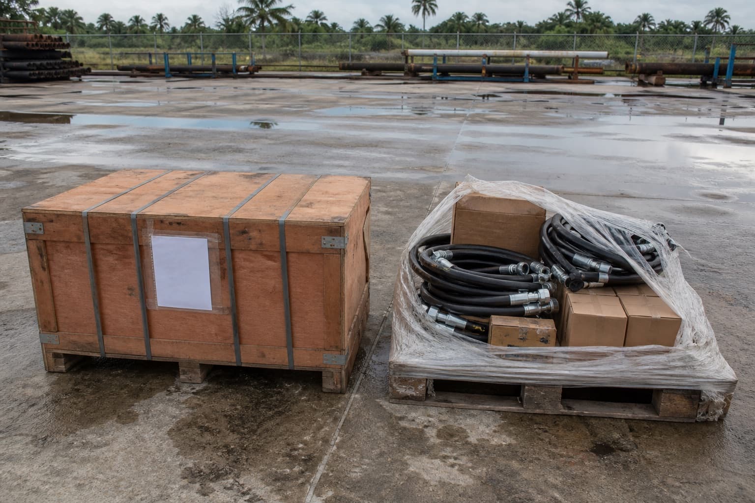 A sealed and banded timber crate beside an open pallet of coiled hose assemblies and boxed fittings on wet concrete in a tropical supply yard