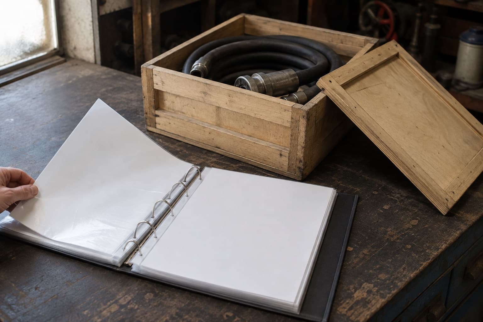 A ring binder open on a workshop bench holding blank sheets in clear sleeves, beside a crated oilfield hose assembly with its lid leaned against it
