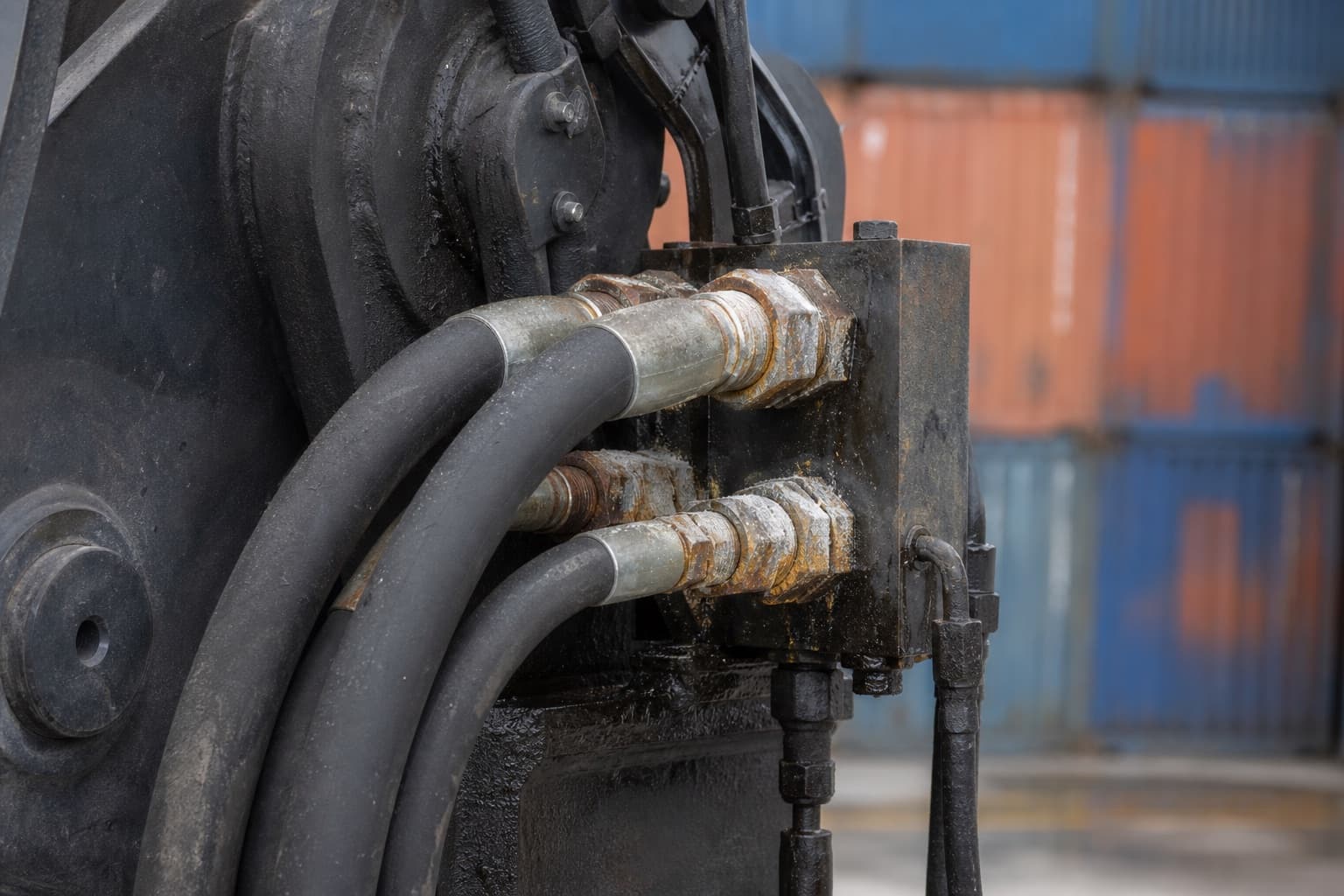 Salt-corroded hydraulic fittings entering a manifold block on the boom of a reach stacker, stacked shipping containers out of focus behind