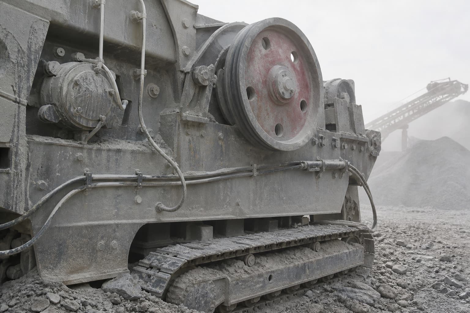Hydraulic lines clamped along the frame of a tracked jaw crusher, every surface coated in thick grey rock dust, a conveyor and stockpile behind
