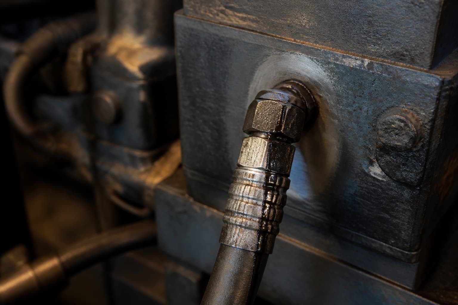Oil crept from under the nut of a hydraulic joint and running down the fitting and hose below it, the surrounding metal wiped clean