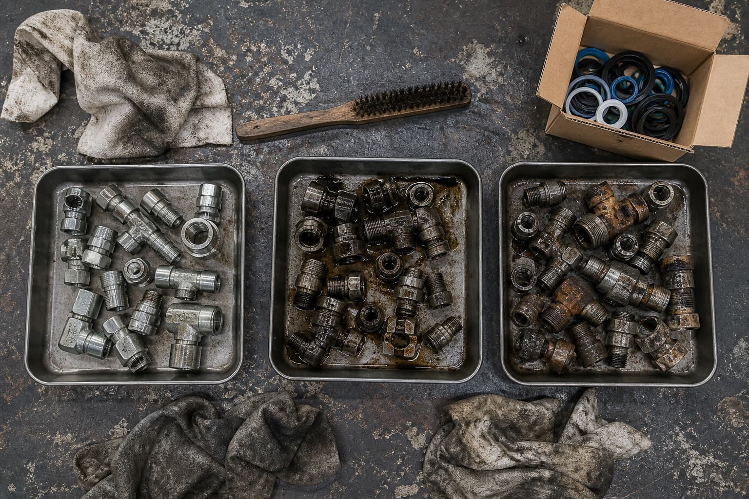 Three metal trays on a workbench during a strip-down holding hydraulic fittings sorted by condition, with rags, a wire brush and a box of new seals around them
