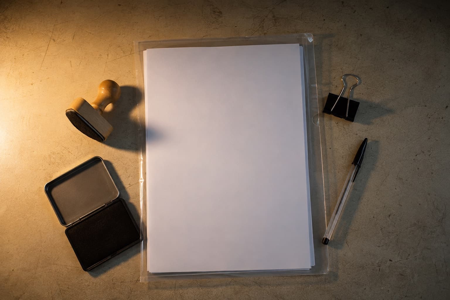A dispatch desk from above with a stack of blank forms in a clear document wallet, a rubber stamp, an open ink pad and a pen under a warm desk lamp