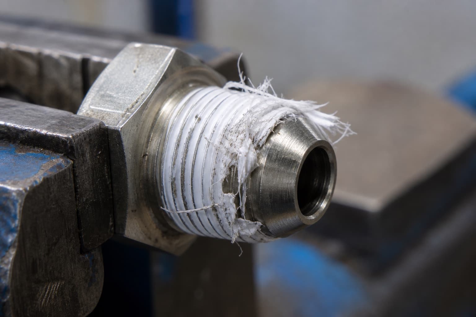PTFE tape wrapped over the straight thread of a cone-sealing hydraulic fitting held in a vice, the tape shredded into loose fibres near the cone