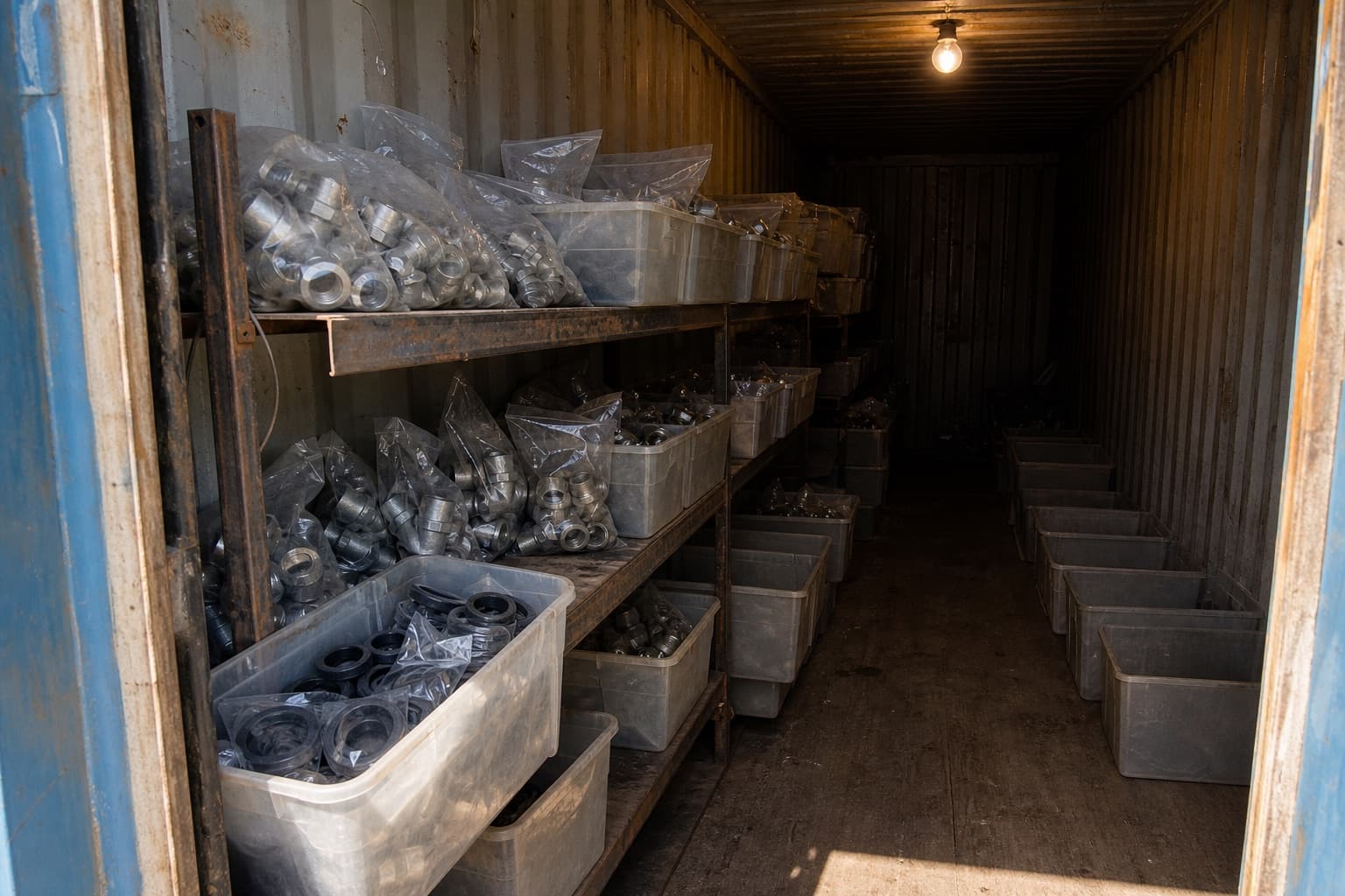Steel shelving inside a shipping-container store holding bagged steel fittings and closed boxes, one box open showing rubber seals, lit by a single overhead bulb