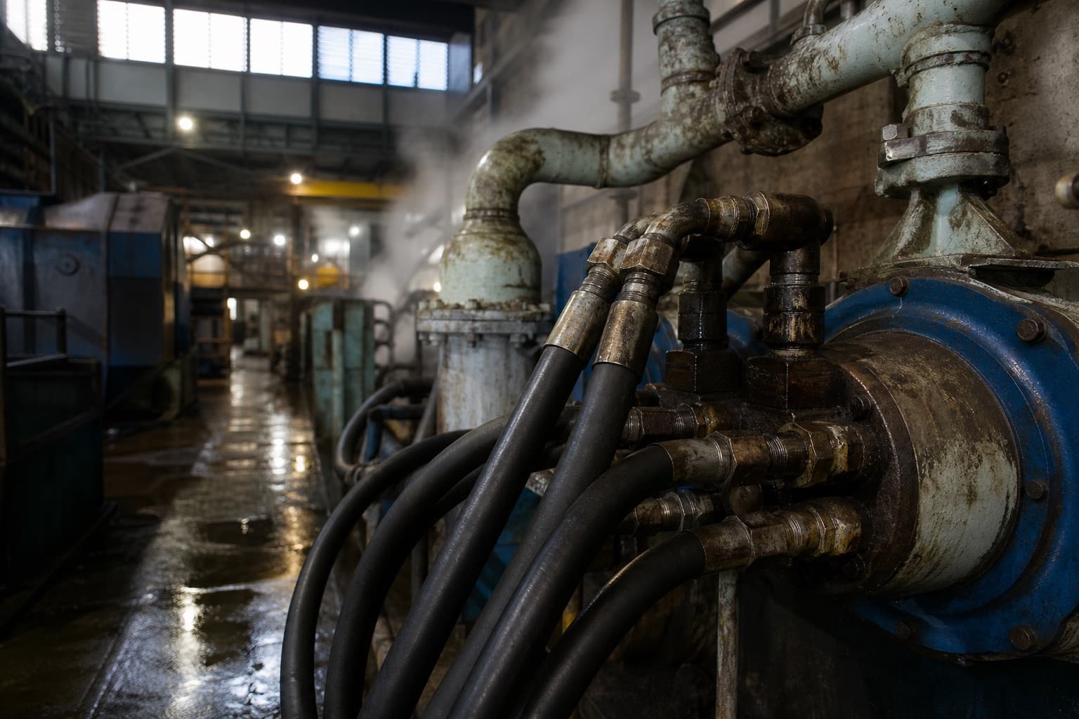 Hydraulic hoses running past heavily scaled steam-stained pipework in a sugar mill walkway, wet floor and steam haze