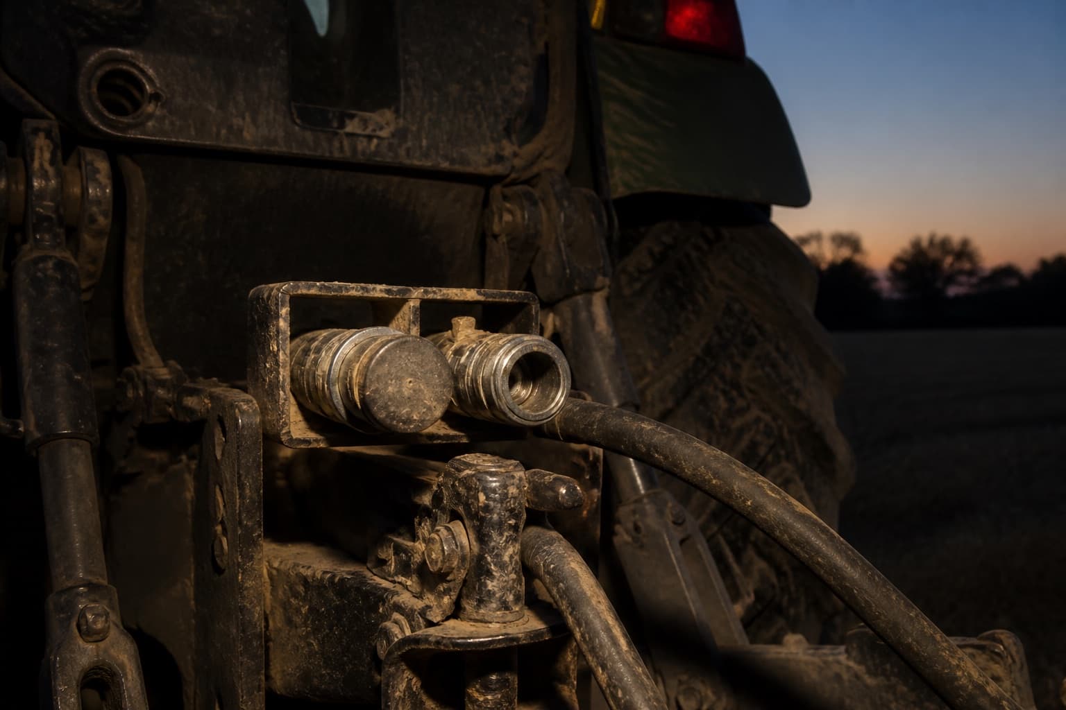 Two dust-caked agricultural quick-coupler halves in their mountings at the rear of a tractor at dusk, one capped and one open