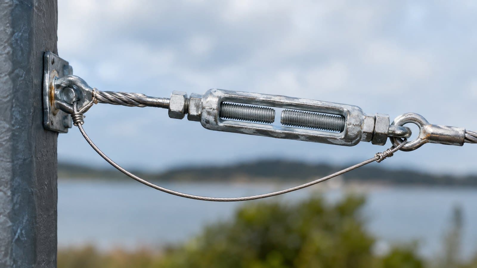 Galvanized turnbuckle on a tensioned wire rope with jam nuts tightened and a safety wire looped from the anchor plate