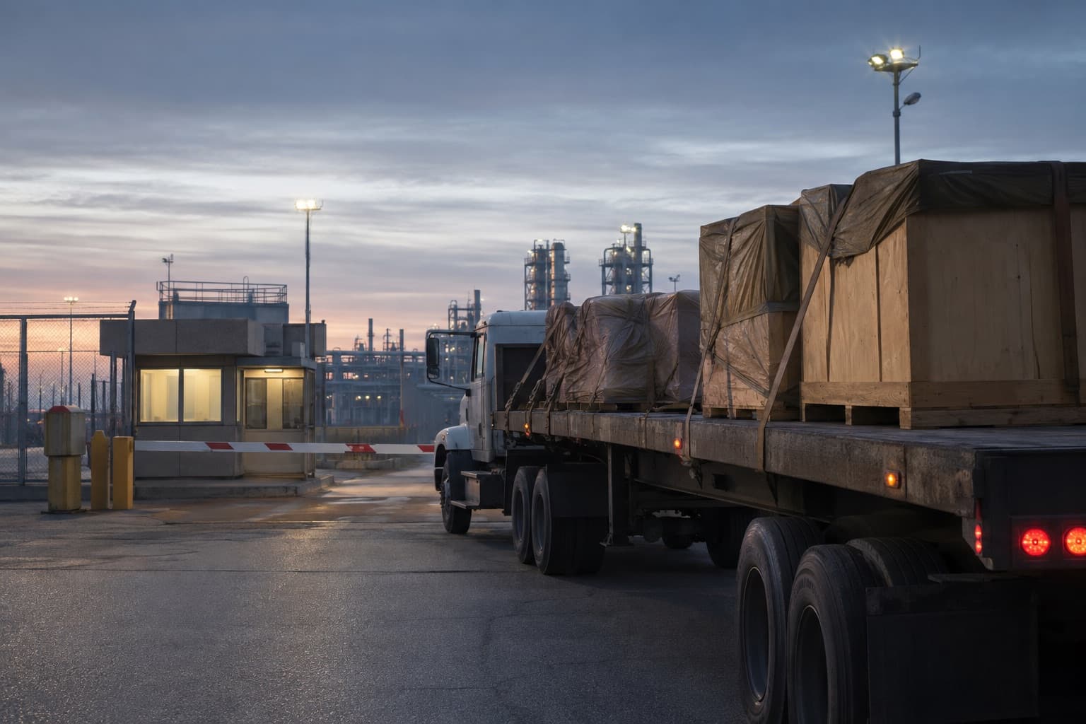A loaded flatbed truck waiting at the lowered barrier of an industrial plant gate before dawn, gatehouse lit and plant structures beyond the fence