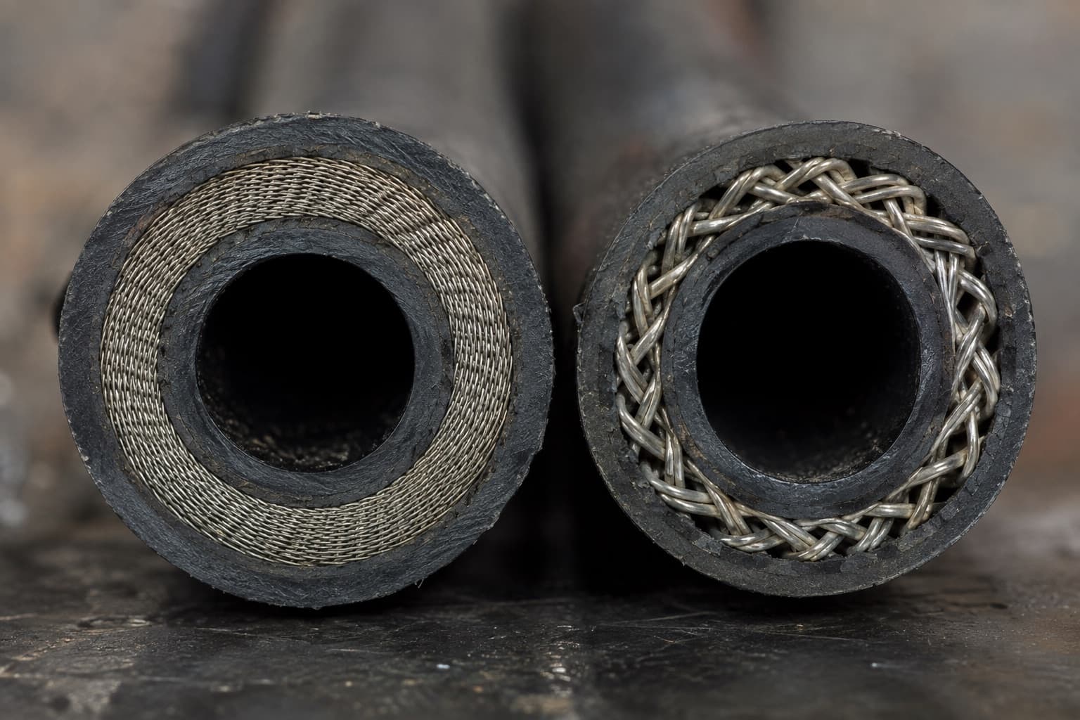 Two hydraulic hose sections cut through and stood on end side by side, the wire reinforcement visibly different between them