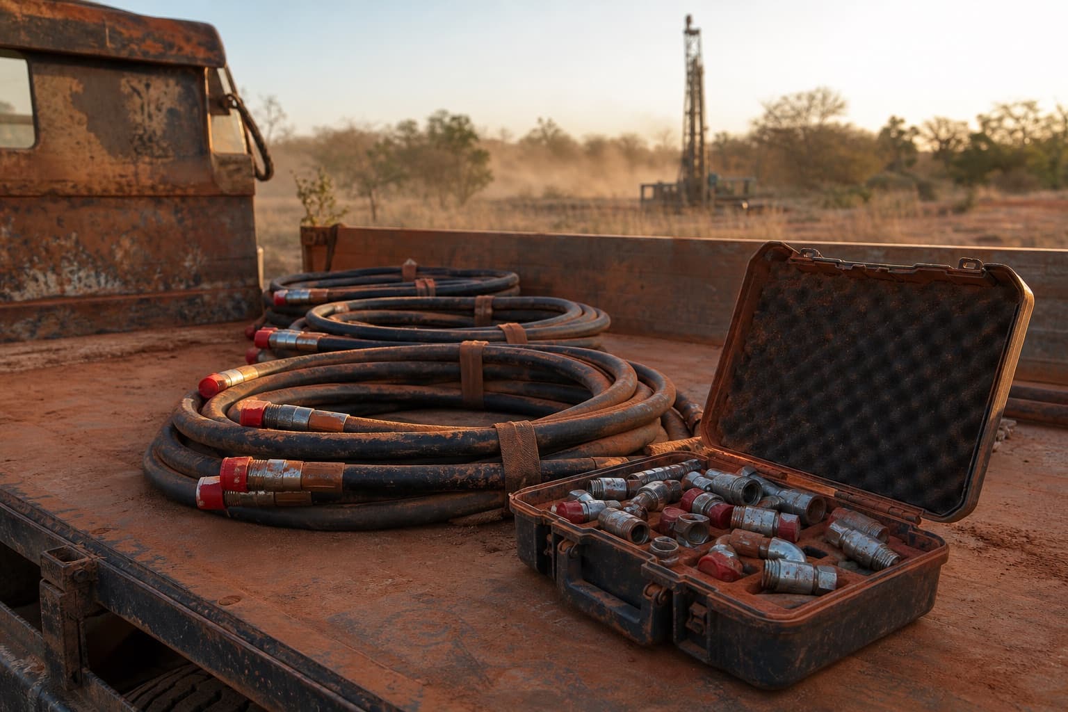 Coiled hydraulic hose assemblies with plastic caps fitted and an open case of steel adapters on the bed of a support truck at a bush drilling site at golden hour
