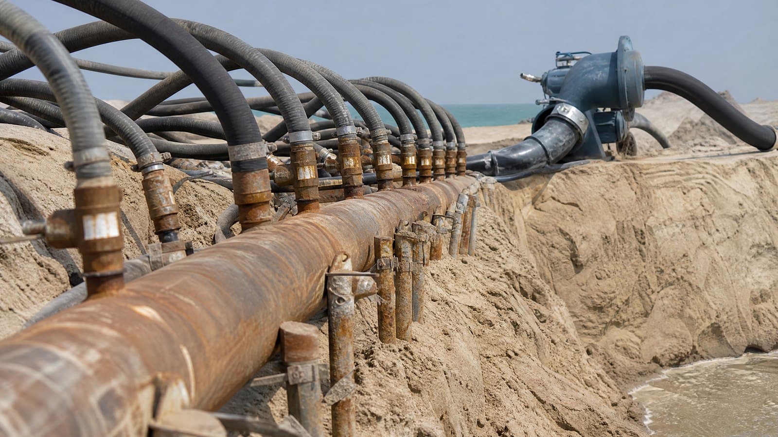 Row of wellpoint risers with flexible connections joined to a steel header along a sandy excavation edge