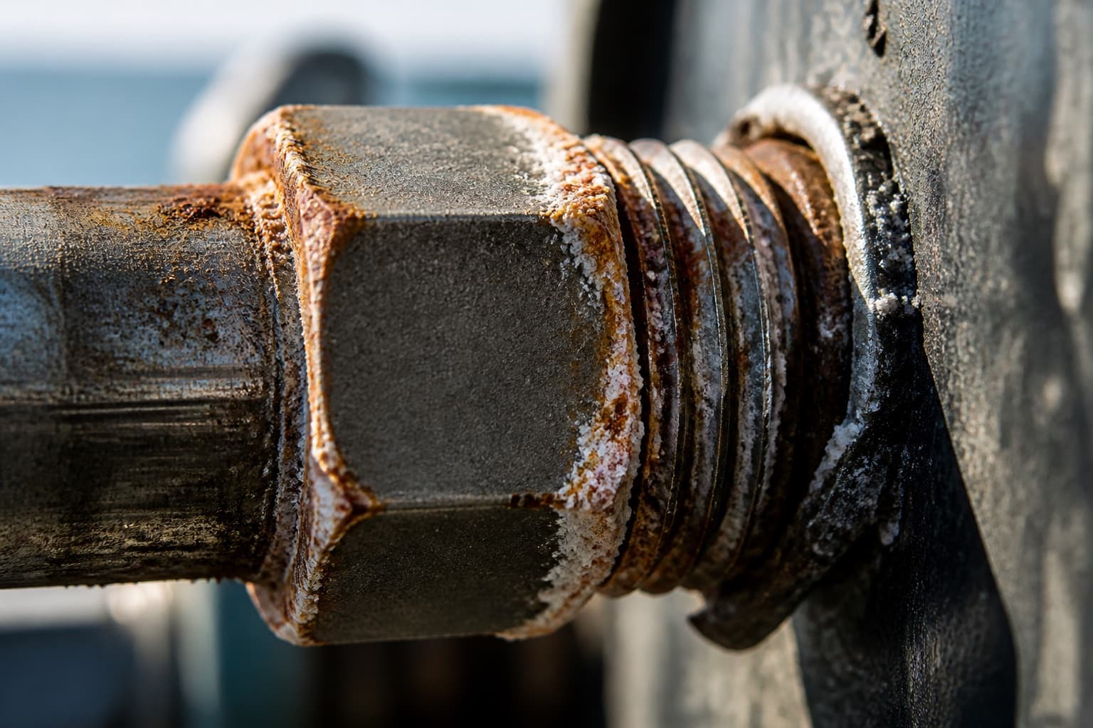 Macro of a hydraulic fitting hex at a coastal yard with corrosion blooming at the hex corners and thread crests while the flats remain sound