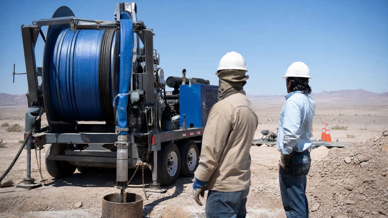 Trailer-mounted reel of blue riser hose beside a borehole casing, two crew in hard hats watching, desert setting