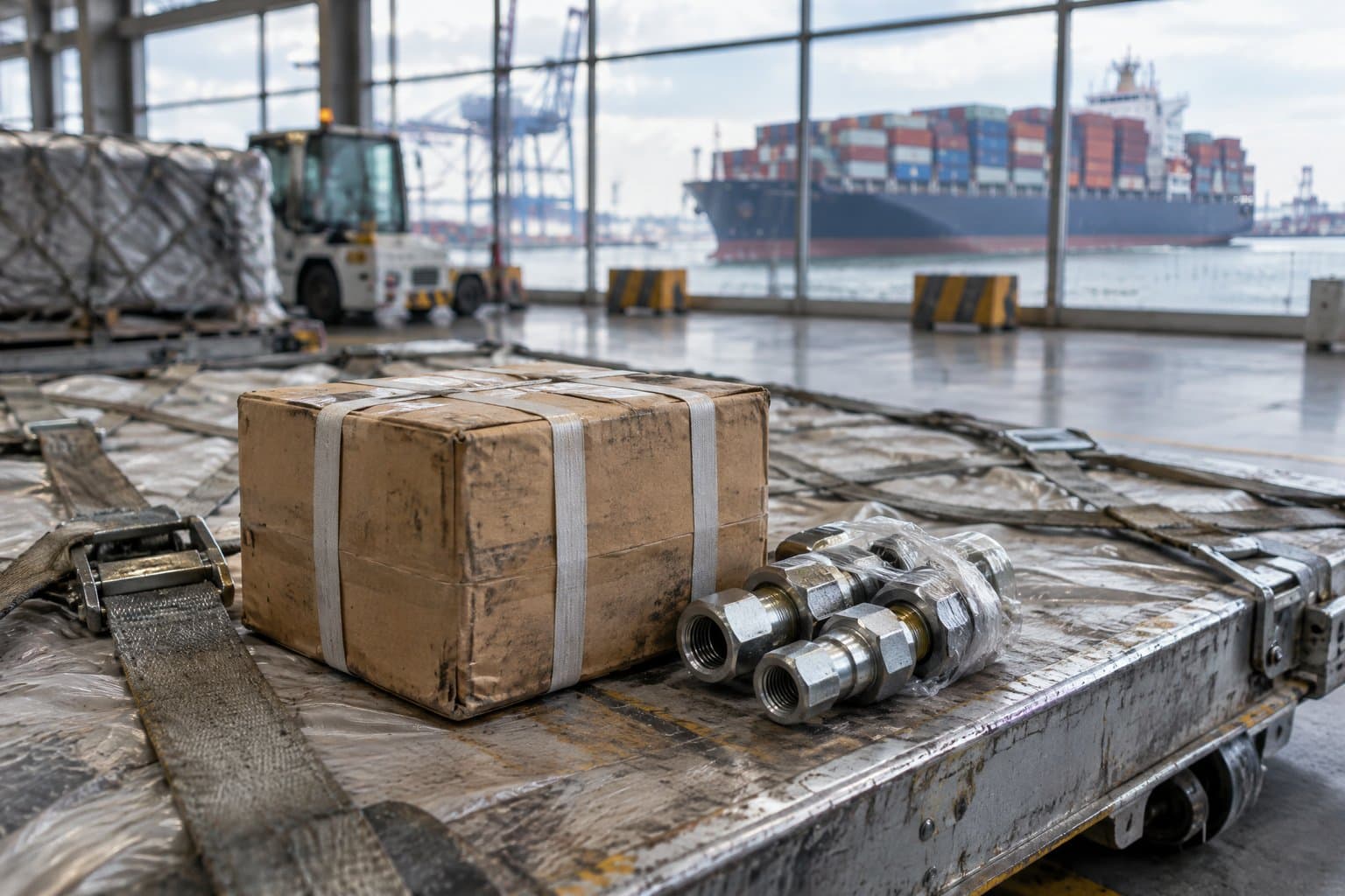 A small parcel of hydraulic fittings on an air cargo pallet, a container ship visible through the terminal windows