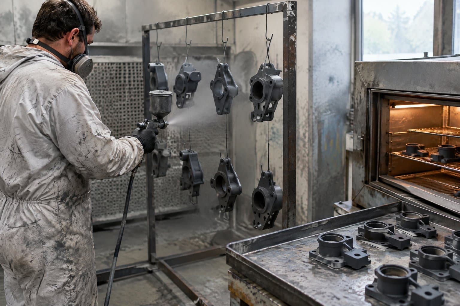 A technician spraying a dry-film coating onto machine parts in a spray booth, a curing oven beside it