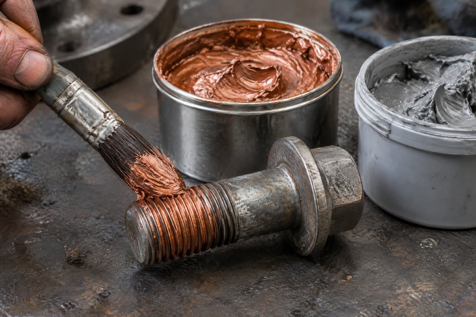 A brush applying copper anti-seize paste to a large bolt thread, open tins beside it