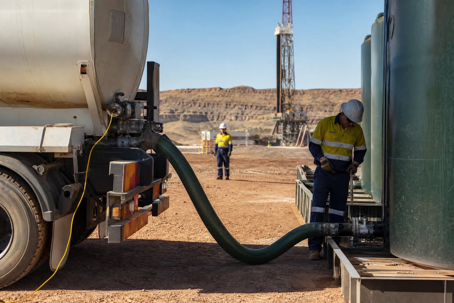 Fuel tanker transferring diesel through a green hose into tanks at a desert drilling camp, earthing cable attached