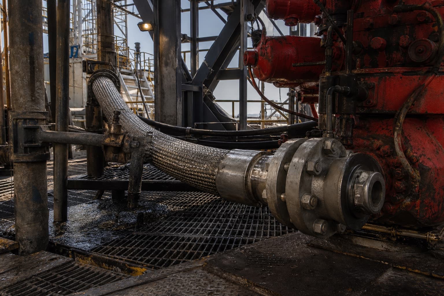 An armoured flexible choke line with bolted steel flanges running out from a blowout preventer stack on a drilling rig