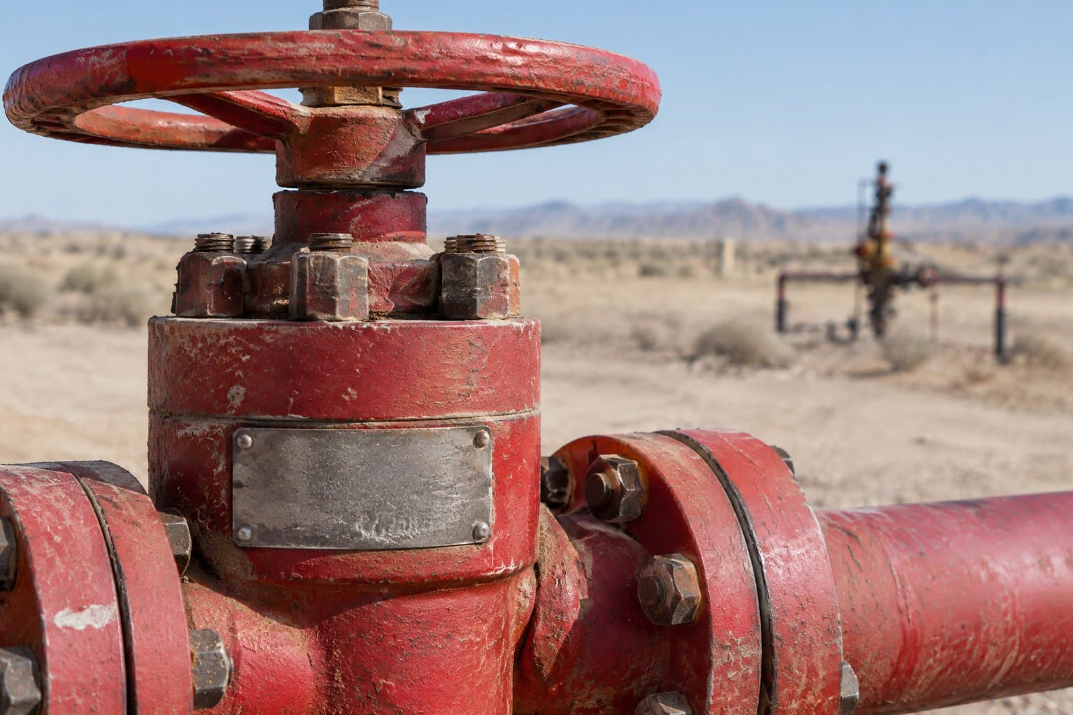 A riveted nameplate on a wellhead gate valve