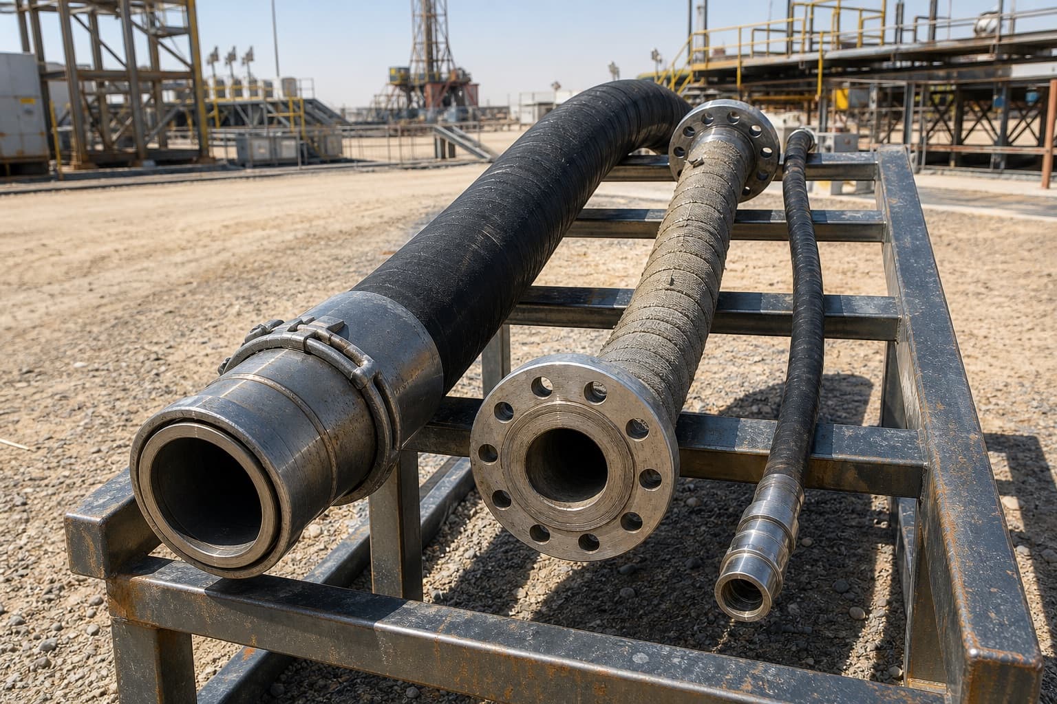 Three oilfield hose assemblies racked side by side in a rig yard — a rotary hose, a flanged armoured line and a slim control hose