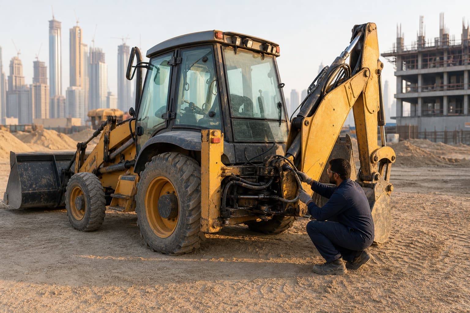 A backhoe loader on site with hose runs visible along both the front loader arms and the rear excavator boom, a technician crouched at the boom pivot