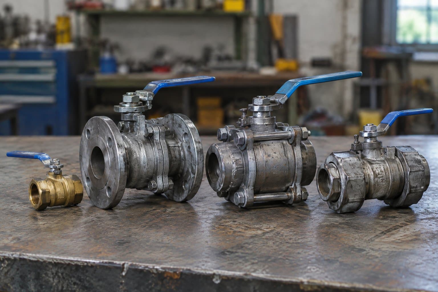 A small threaded brass ball valve beside three larger steel ball valves with flanged and threaded ends on a workshop bench