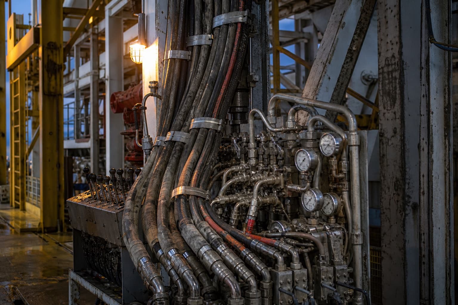 A bundle of fire-resistant blowout preventer control hoses clamped down rig steel into a hydraulic control manifold of valves and gauges